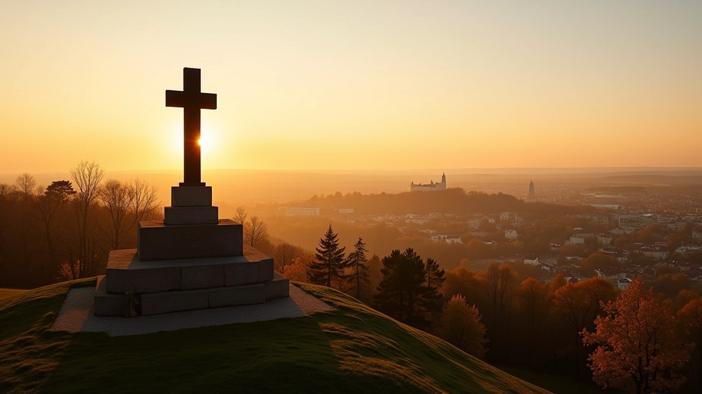 Antakalnio memorialo kryžius su miesto panorama nuotolyje