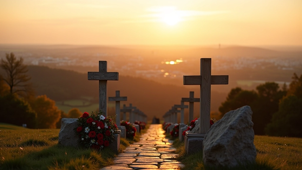Kryžiai ir paminklai memorialo viršūnėje, Vilniaus panorama fone