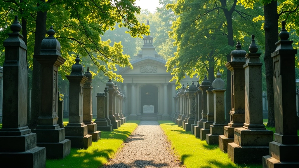 Vilniaus kapinės su žaliomis medžiais ir istoriniais paminklais, saulės šviesa