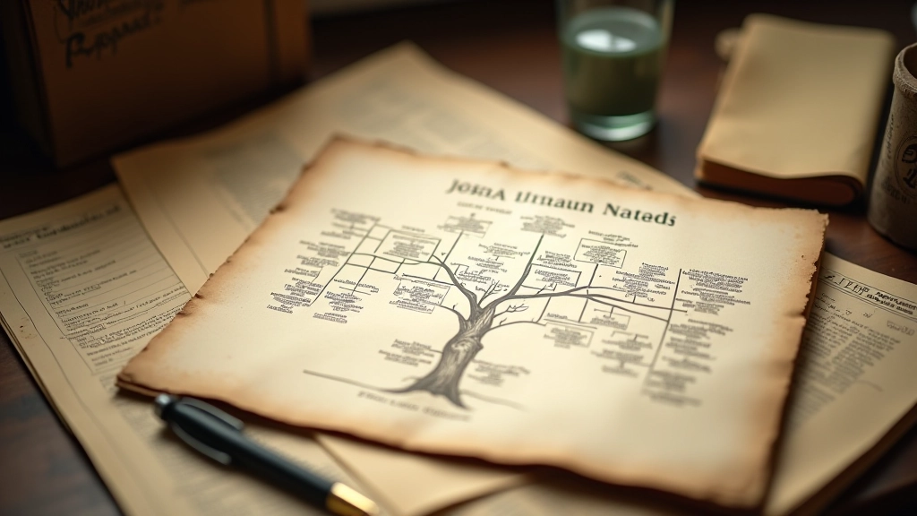 Genealoginė šeimos schema, rankomis parašyti įrašai, seni dokumentai apie šeimą